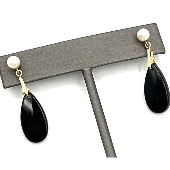 Vintage 14k Yellow Gold Pearl Onyx Dangle Pierced Earrings 1 3/8" - Picture 5 of 8